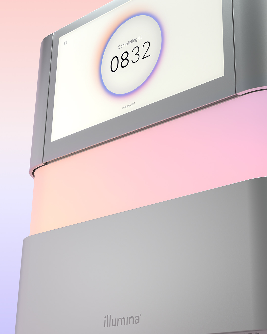 NextSeq 2000, front side view looking up, angled left, with completing at time stamp on touch screen monitor, multicolor status bar